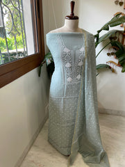 Greenish Grey Suit Set with Pearl, Cut Daana and Lucknowi Thread Handwork  in Pure Mul Chanderi