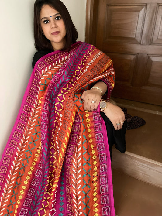 Orange, Pink Handmade Kantha Dupatta in Silk