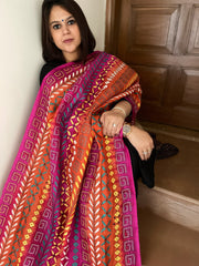 Orange, Pink Handmade Kantha Dupatta in Silk