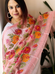 Peachish Pink Organza Dupatta with cross-stitch embroidery
