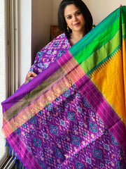 Handwoven Ikat Saree in Pure Silk with Ganga-Jamuna Border