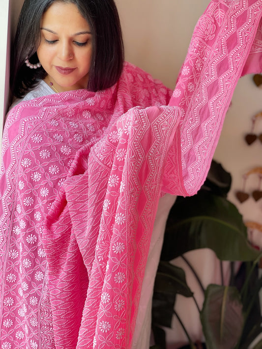 Pink Lucknowi Handwork Dupatta in Pure Georgette