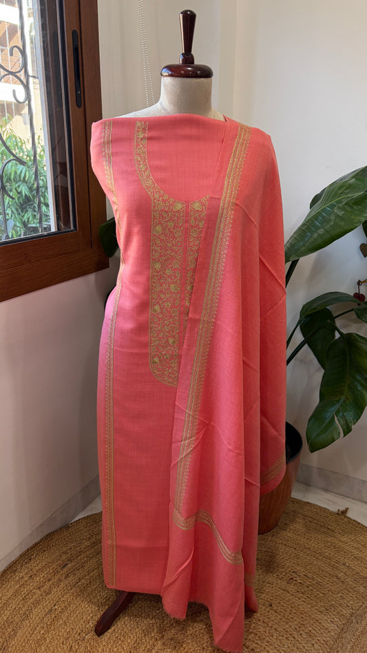Coral Pink Winter Suit Set with Aari Work in Pashmina Wool