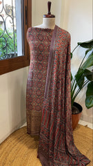 Purplish Brown Suit Set with Ajrakh Handblock Print and Sequin Embroidery in Modal Silk