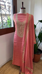 Peach Winter Suit Set with Aari Work in Pashmina Wool