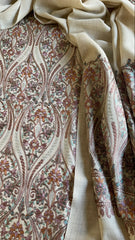 Dark Cream Winter Suit Set with Aari Work in Pashmina Wool