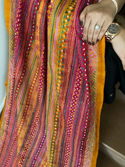 Mustard, Pink Handmade Kantha Dupatta in Silk