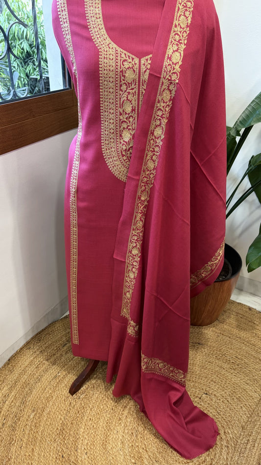 Hot Pink Winter Suit Set with Aari Work in Pashmina Wool