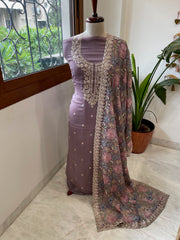 Mauve Suit Set with Thread Embroidery and Pitta Work in Georgette