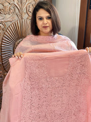 Peachish pink Suit Set with Lucknowi Handwork in Pure Tussar Silk