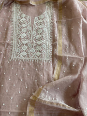 Pinkish Mauve Suit Set with Pearl, Cut Daana and Lucknowi Thread Handwork  in Pure Mul Chanderi