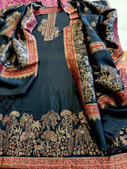 Black Suit Set with Handwoven Kaani and Zari in Pure Silk