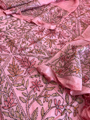 Pink Suit Set with Kantha Handwork in Pure Tussar Silk