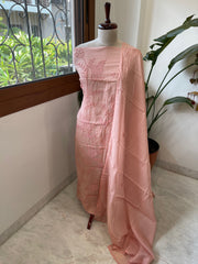 Peach Mul chanderi Suit Set With Knot & Sequin Handwork