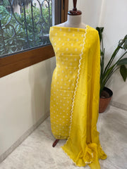 Yellow Suit Set with Gold Thread & Sequin Work in Pure Mul