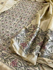 Dusty Green Suit Set with Kantha Handwork in Pure Tussar Silk