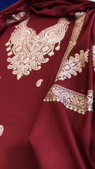 Crimson Red Winter Suit Set with Aari Work in Pashmina Wool