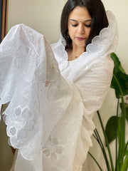 White Jaal Cut Work Dupatta in Kota Cotton