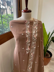 Brown Suit Set with Parsi Gara Embroidery Dupatta in Mul Cotton