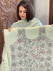 Dusty Green Suit Set with Kantha Handwork in Pure Tussar Silk