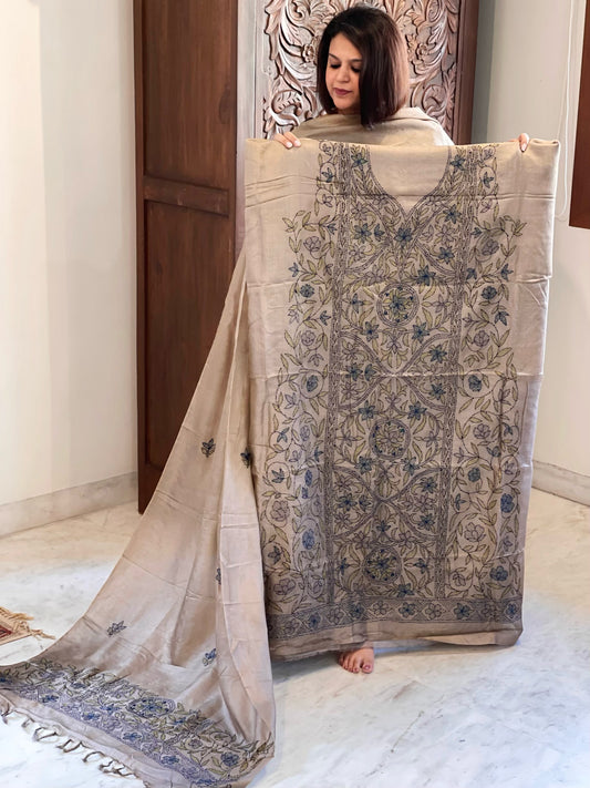Lite Brown Suit Set with Kantha Handwork in Pure Tussar Silk