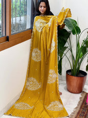 Mustard Yellow Crepe Dupatta with Pearl, Cut Daana, Gold Thread & Sequin Embroidery