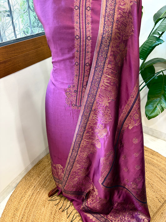 Purple Suit Set with Handwoven Kaani and Zari in Pure Silk