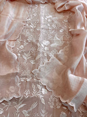 Peach Suit Set with Thread Embroidery in Pure Mul