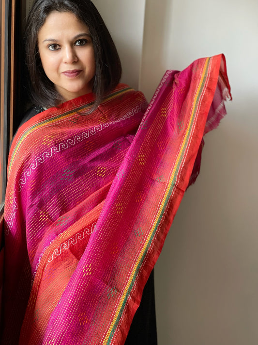 Orange, Pink Handmade Kantha Dupatta in Silk