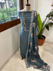 Teal Blue Suit Set with Thread Handwork and Parsi Gara Dupatta in Mul Cotton