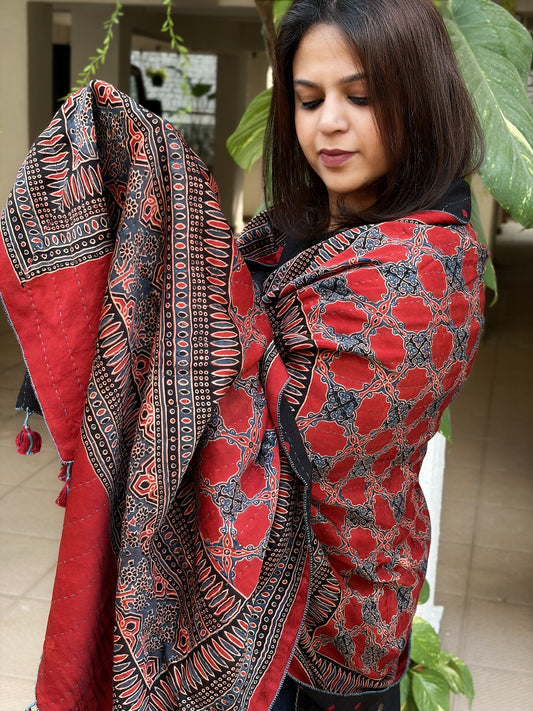 Rust Ajrakh Handblock Printed Silk-Woollen Shawl