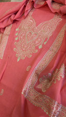 Peachish Pink Winter Suit Set with Aari Work in Pashmina Wool