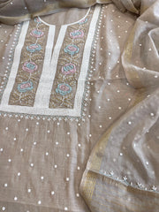 Brown Suit Set with Pearl, Cut Daana and Thread Handwork  in Pure Mul Chanderi
