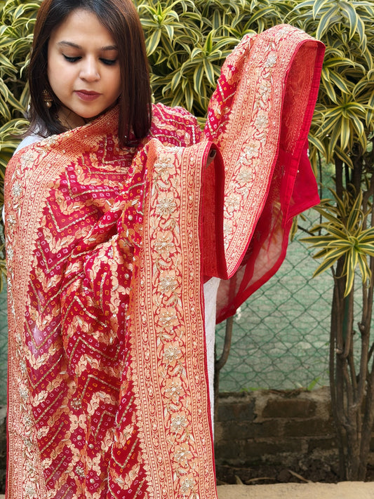 Handwoven Bareek Bandhani dupatta with Dabka Handwork in Pure Gajji silk