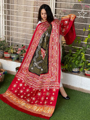 Red, Black Bandhani Dupatta with Gotapatti Handwork in Pure Silk