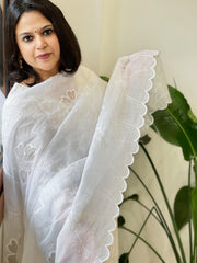 White Jaal Cut Work Dupatta in Kota Cotton