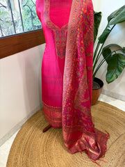 Pink Suit Set with Handwoven Kaani and Zari in Pure Silk