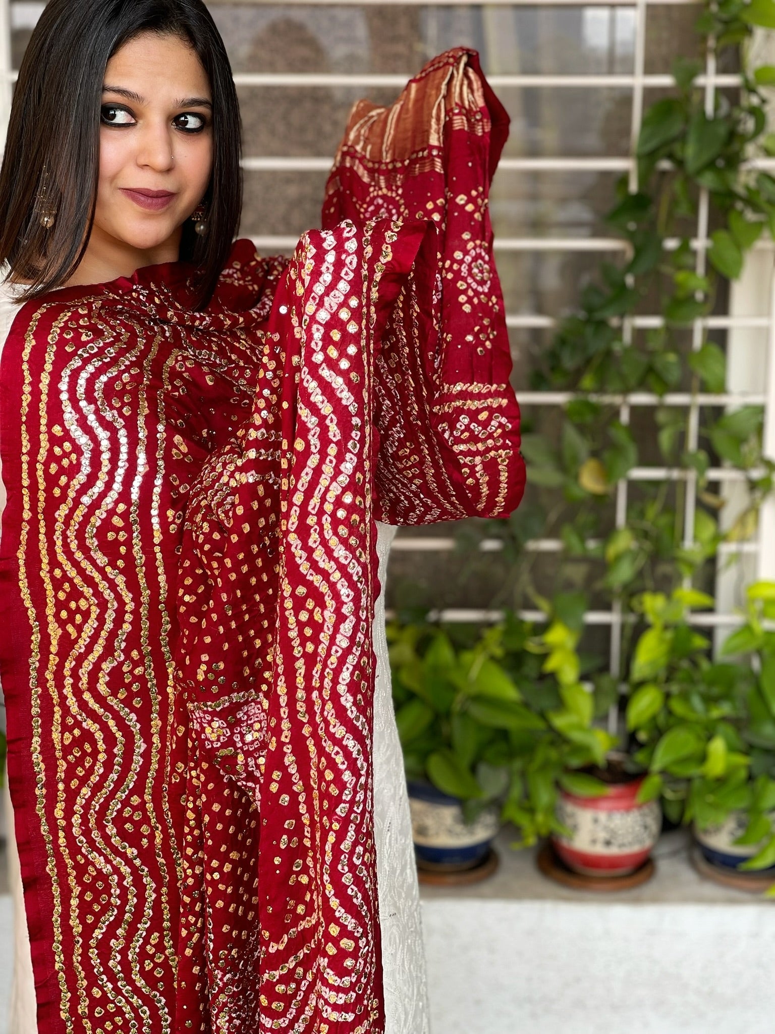 Bandhani Dupatta with Mukaish Handwork with Zari Pallu in Pure Silk