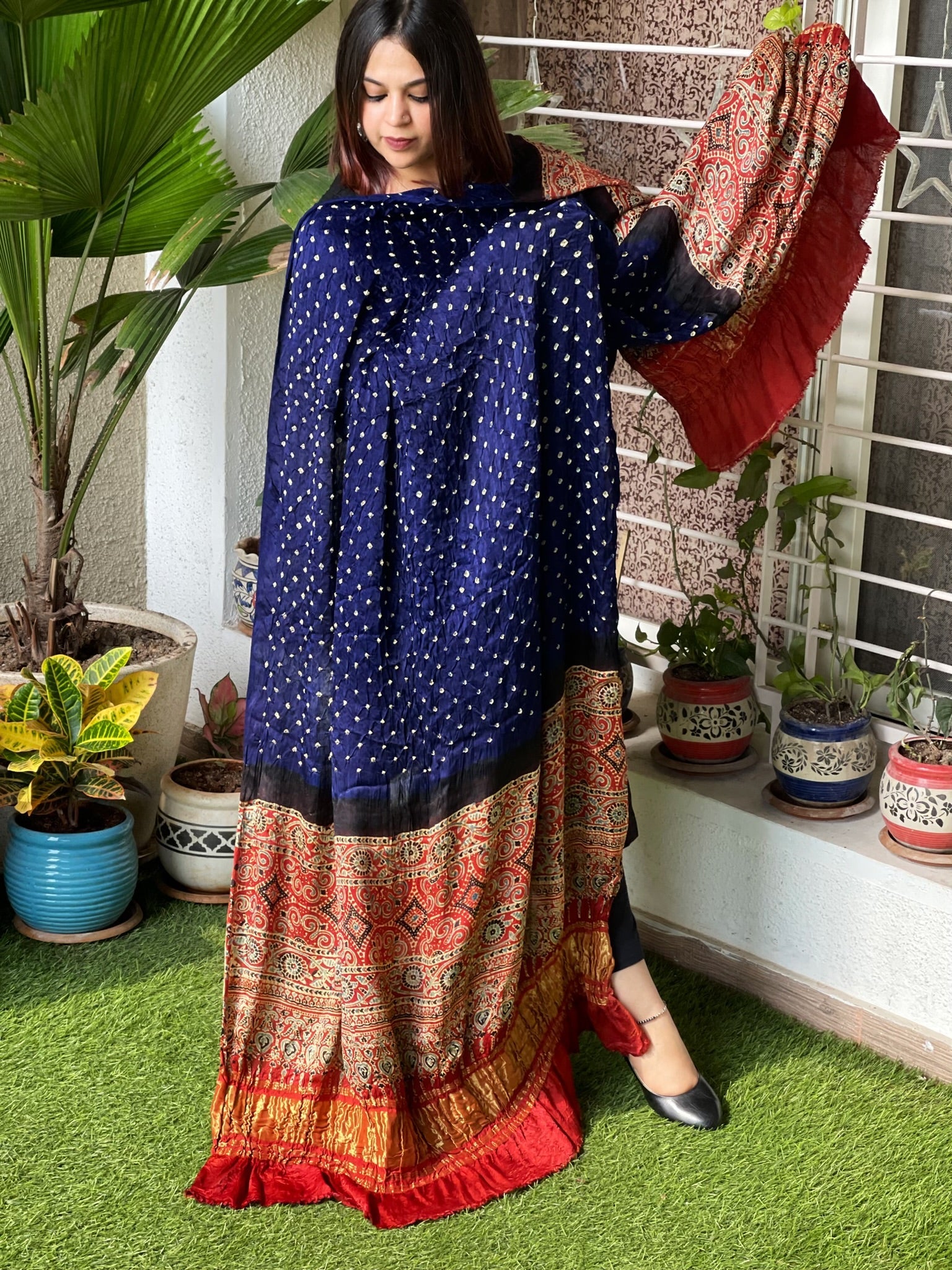 Bandhani with Ajrakh and Zari Pallu Dupatta in Silk