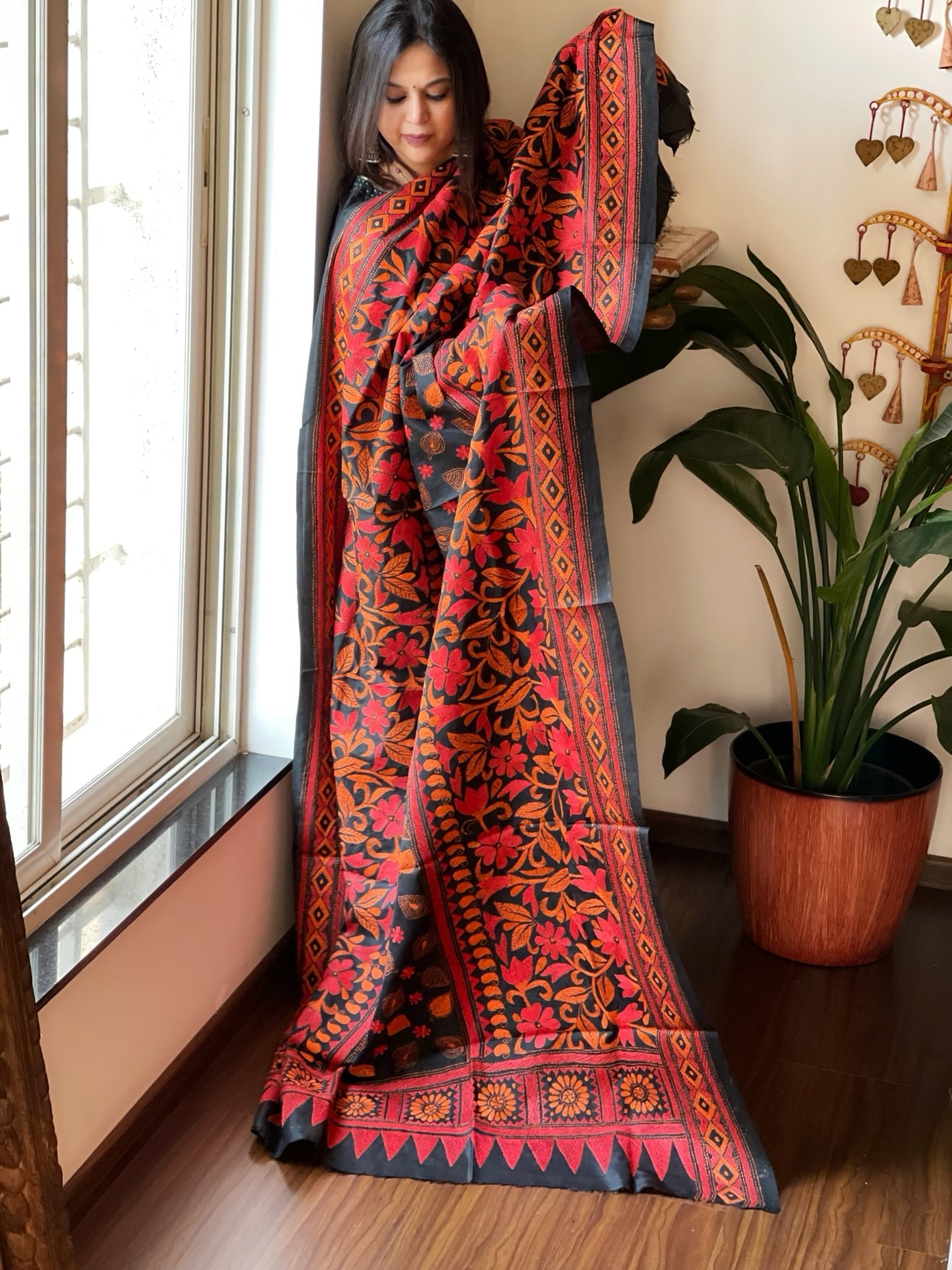 Black Handmade Nakshi Kantha Dupatta in Pure Silk