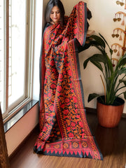 Black Handmade Nakshi Kantha Dupatta in Pure Silk