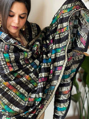 Black Handwoven Banarasi Dupatta with Multicolor Tie Dye in Pure Crushed Silk