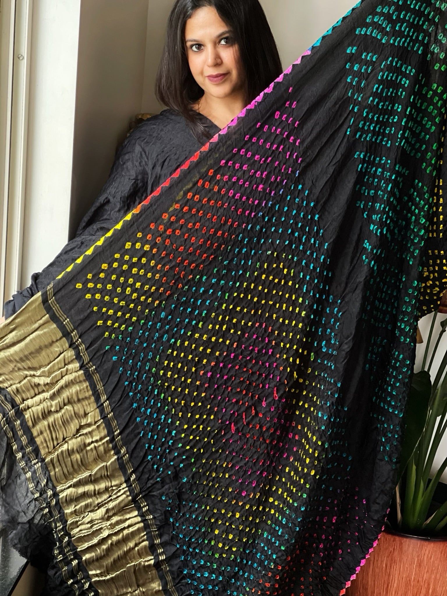 Black Kodi Bandhej Saree in Pure Gajji Silk with Zari Pallu