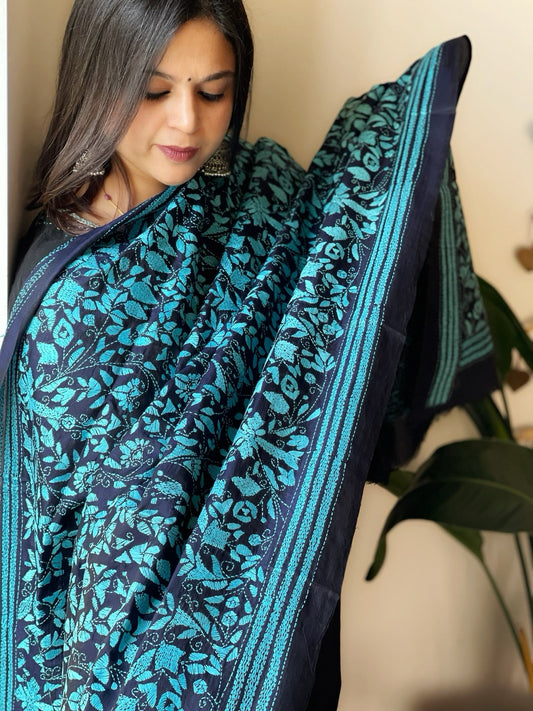 Blue Handmade Nakshi Kantha Dupatta in Pure Silk