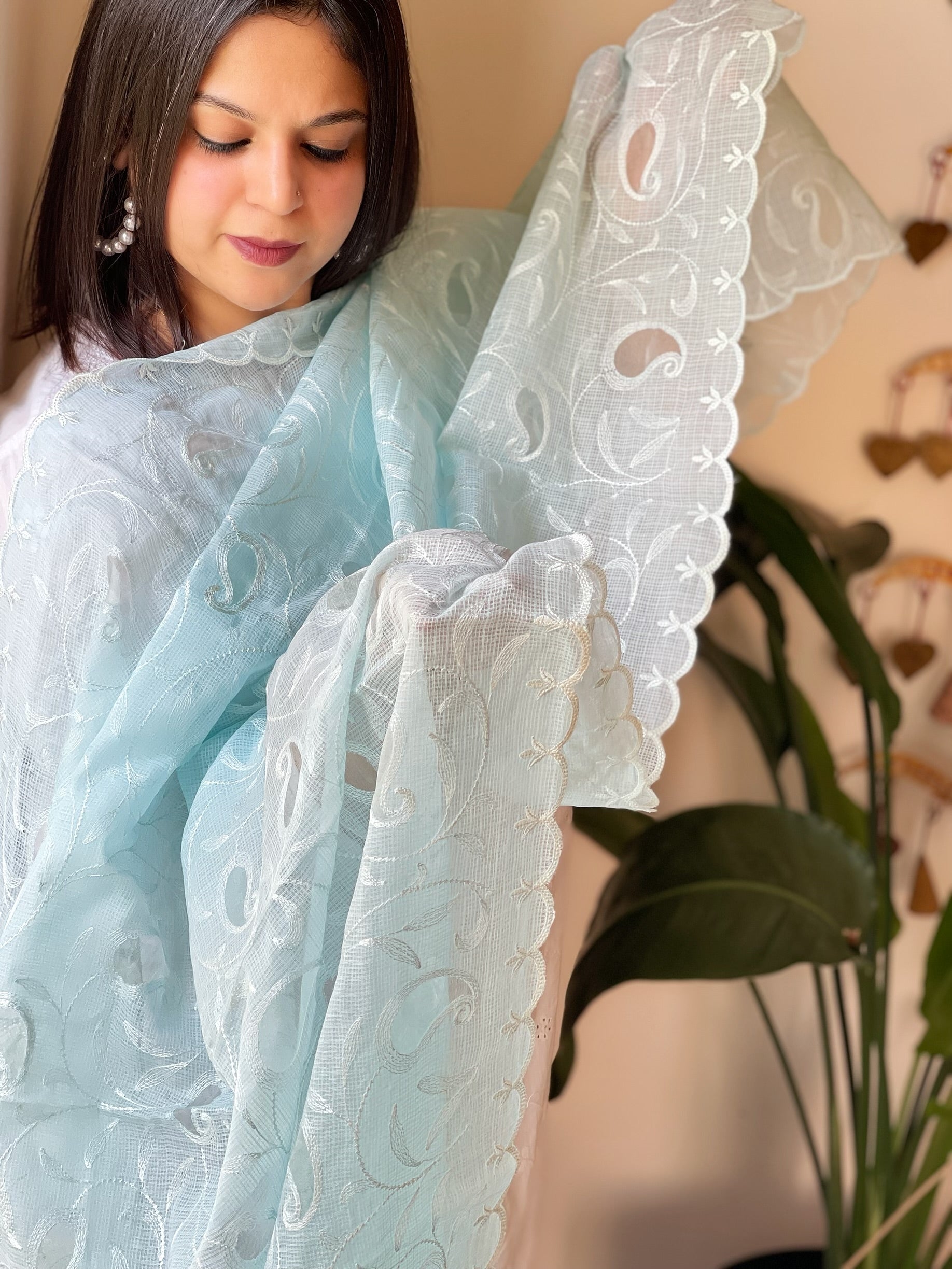 Blue Kota Cotton Dupatta with Thread Embroidery and Cut Work