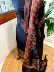Black Suit Set with Handwoven Kaani and Zari in Pure Silk