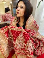 Red Handwoven NeemZari Bareek Bandhani with Meenakari and Dabka Handwork in Pure Georgette