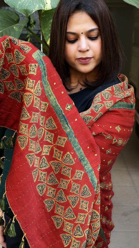 Rust Ajrakh Handblock Printed Silk-Woollen Shawl