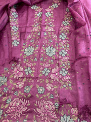 Purple Suit Set with Cross-Stitch Embroidery in Pure Tussar Silk