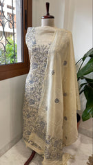 Cream Suit Set with Kantha Handwork in Pure Tussar Silk